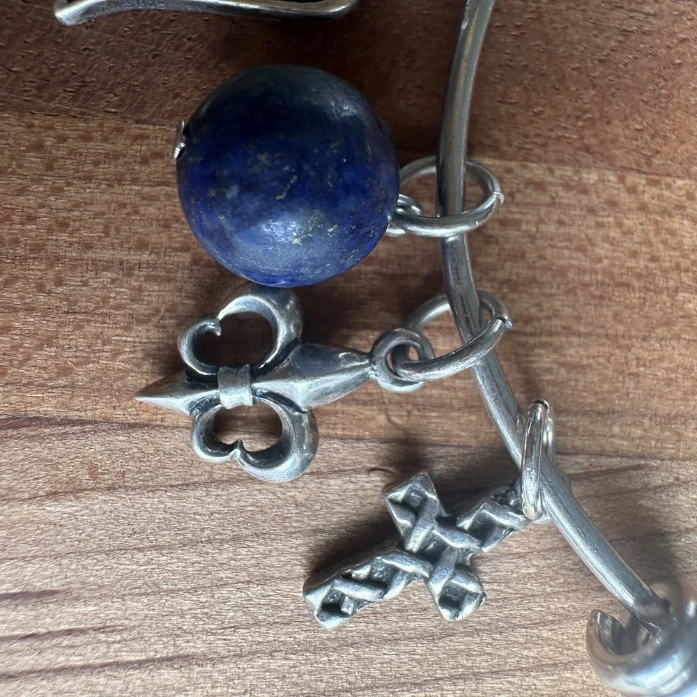 VTG Bangle Bracelet 7 Inch Adjust Cross Wing‎ FDL Lapis Bead 925 Sterling 10.7g